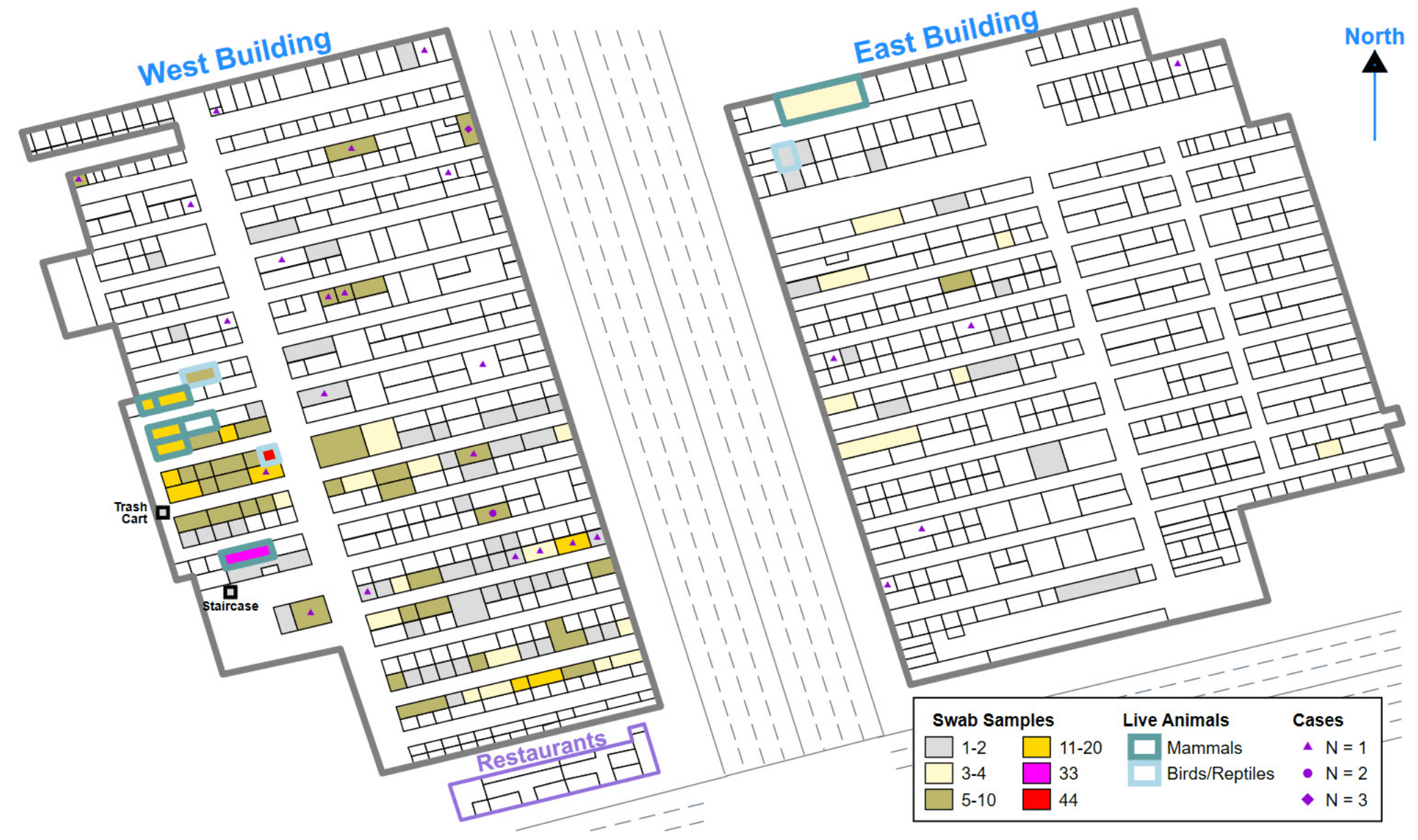 Huanan Market Swabs and Cases, mapped against live animal zones