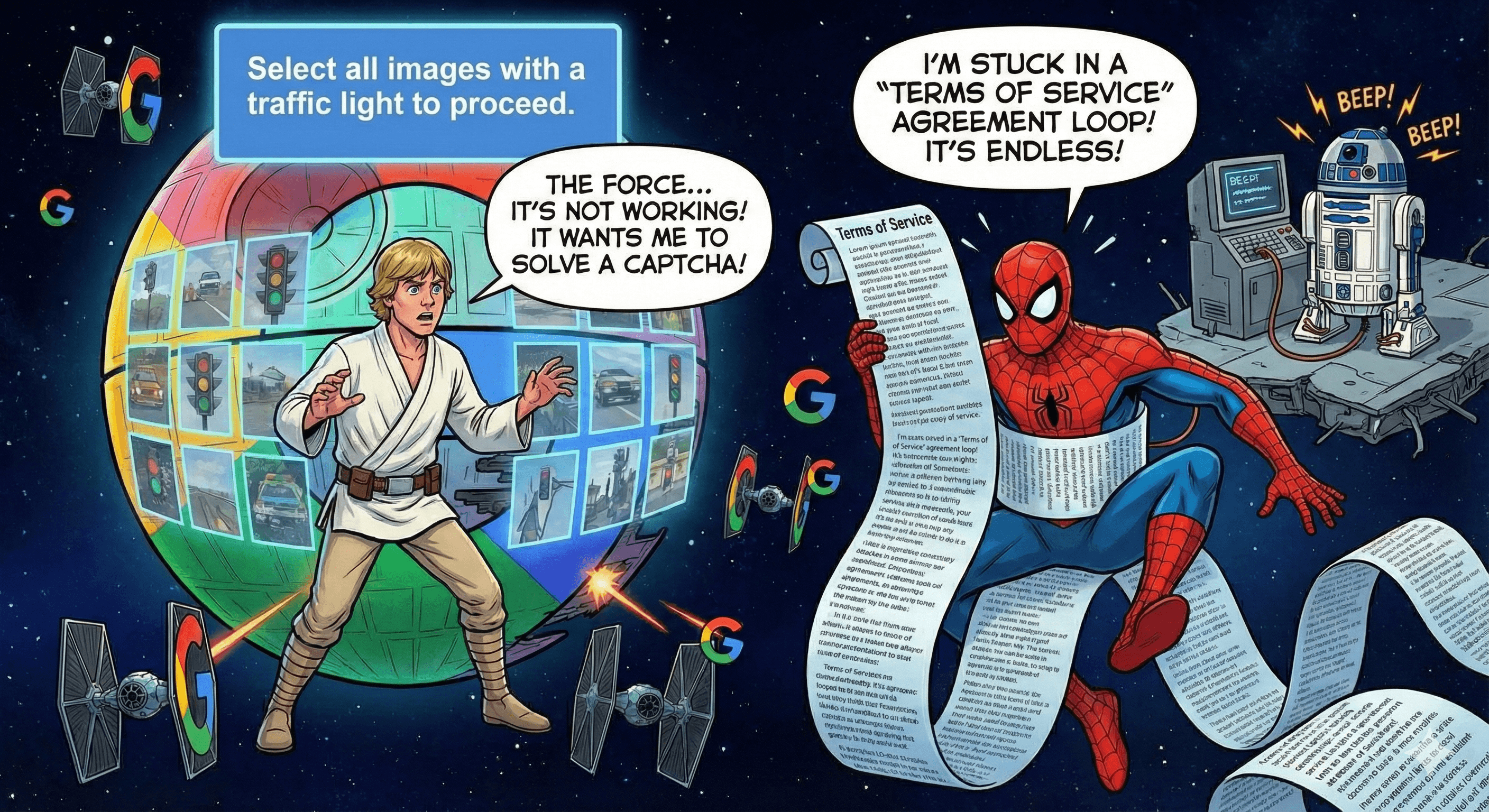 Panel 3: Tech Traps — The heroes find themselves caught in a digital labyrinth of bureaucracy.