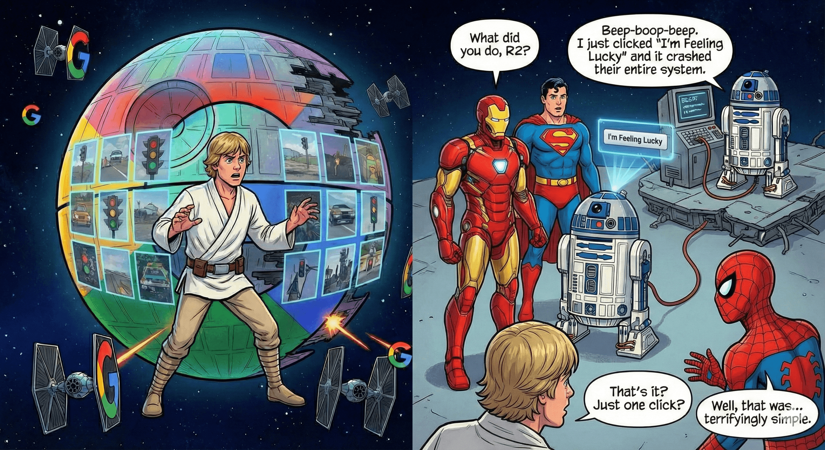 Panel 4: The Simple Solution — Just when all hope seems lost, R2-D2 finds a simple, yet effective, way to save the day.