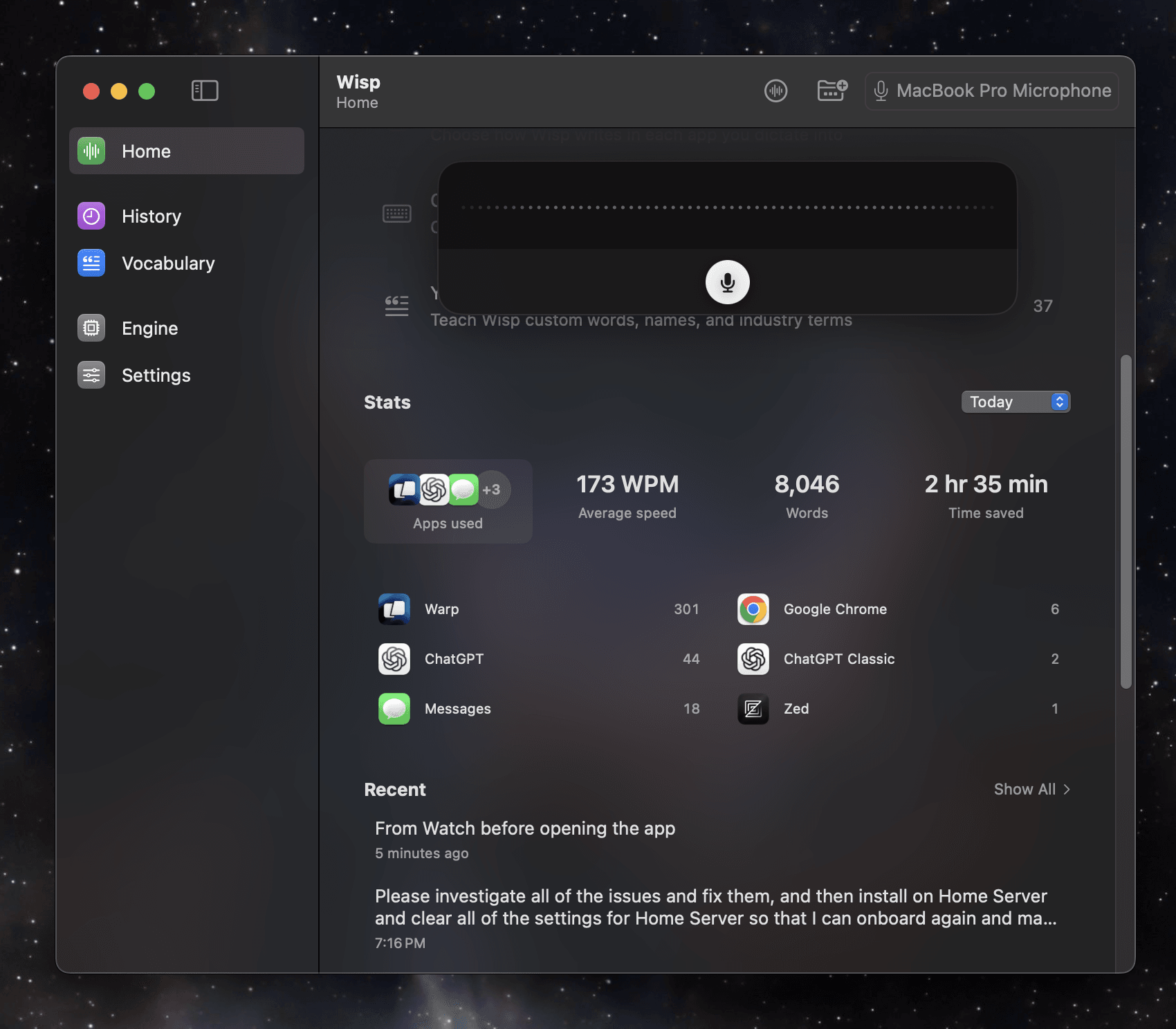 Wisp dictation and time-saving dashboard