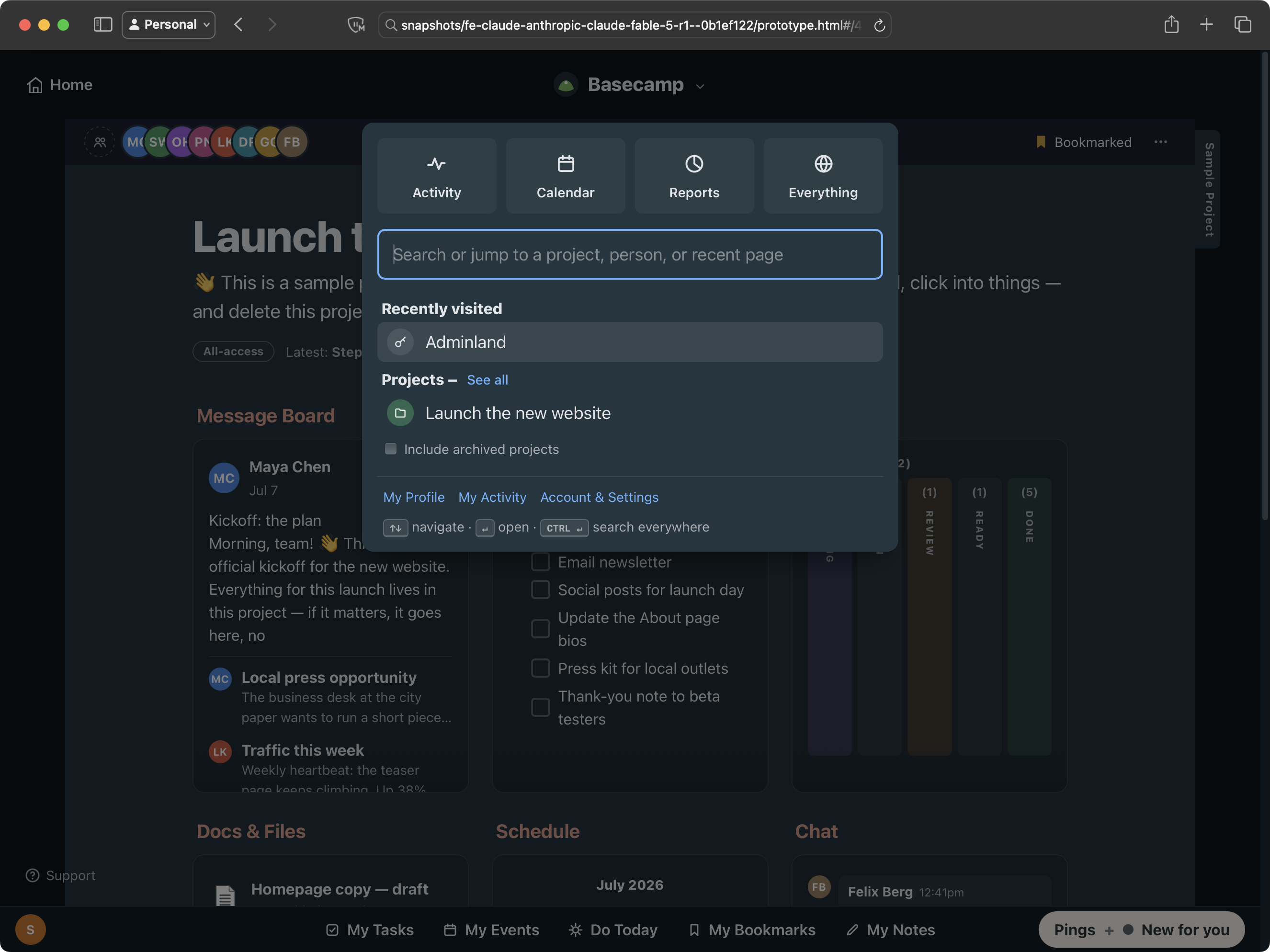 Fable 5 frontend prototype showing global search in its Basecamp implementation