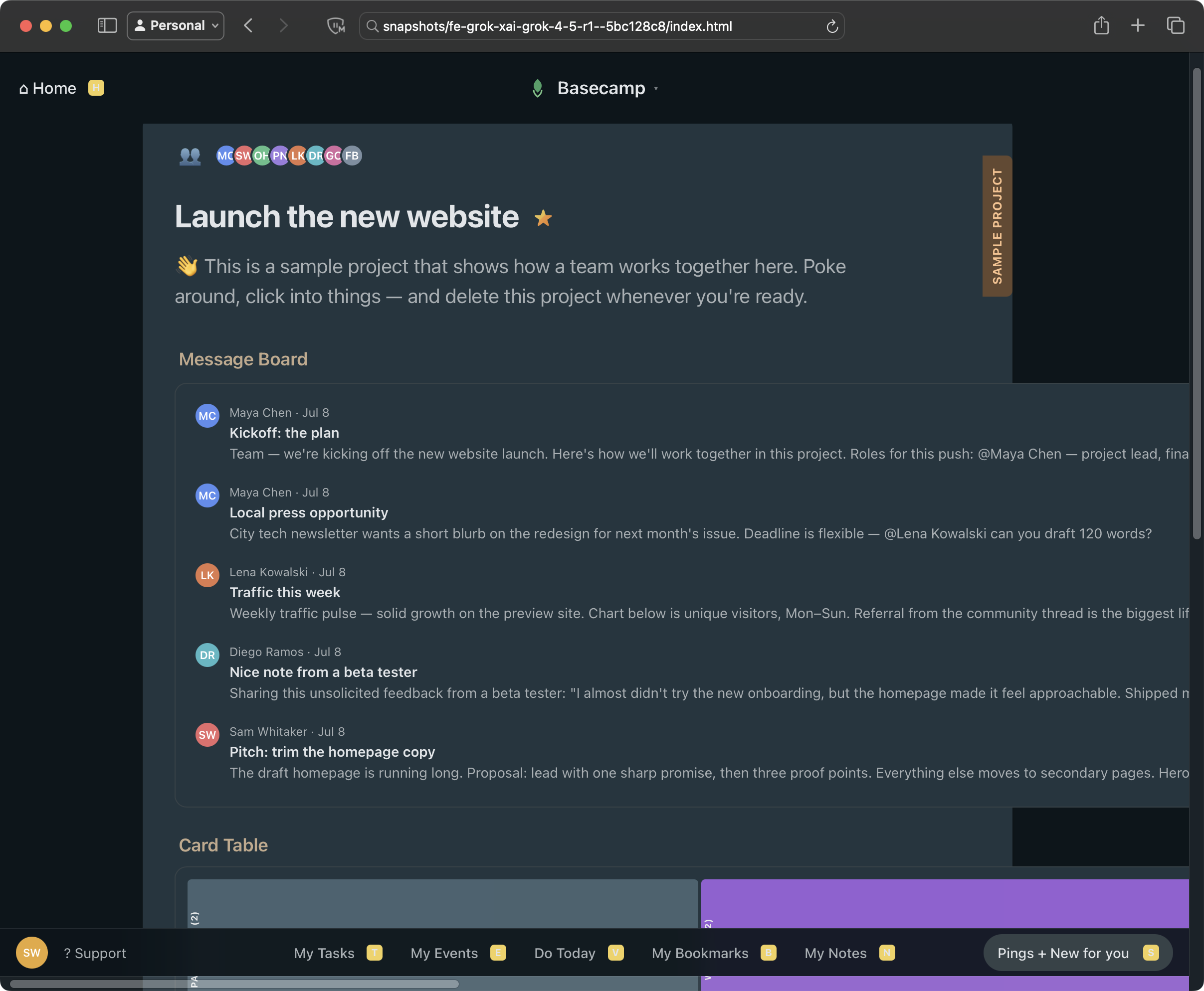 Grok 4.5 frontend prototype showing the sample Basecamp project