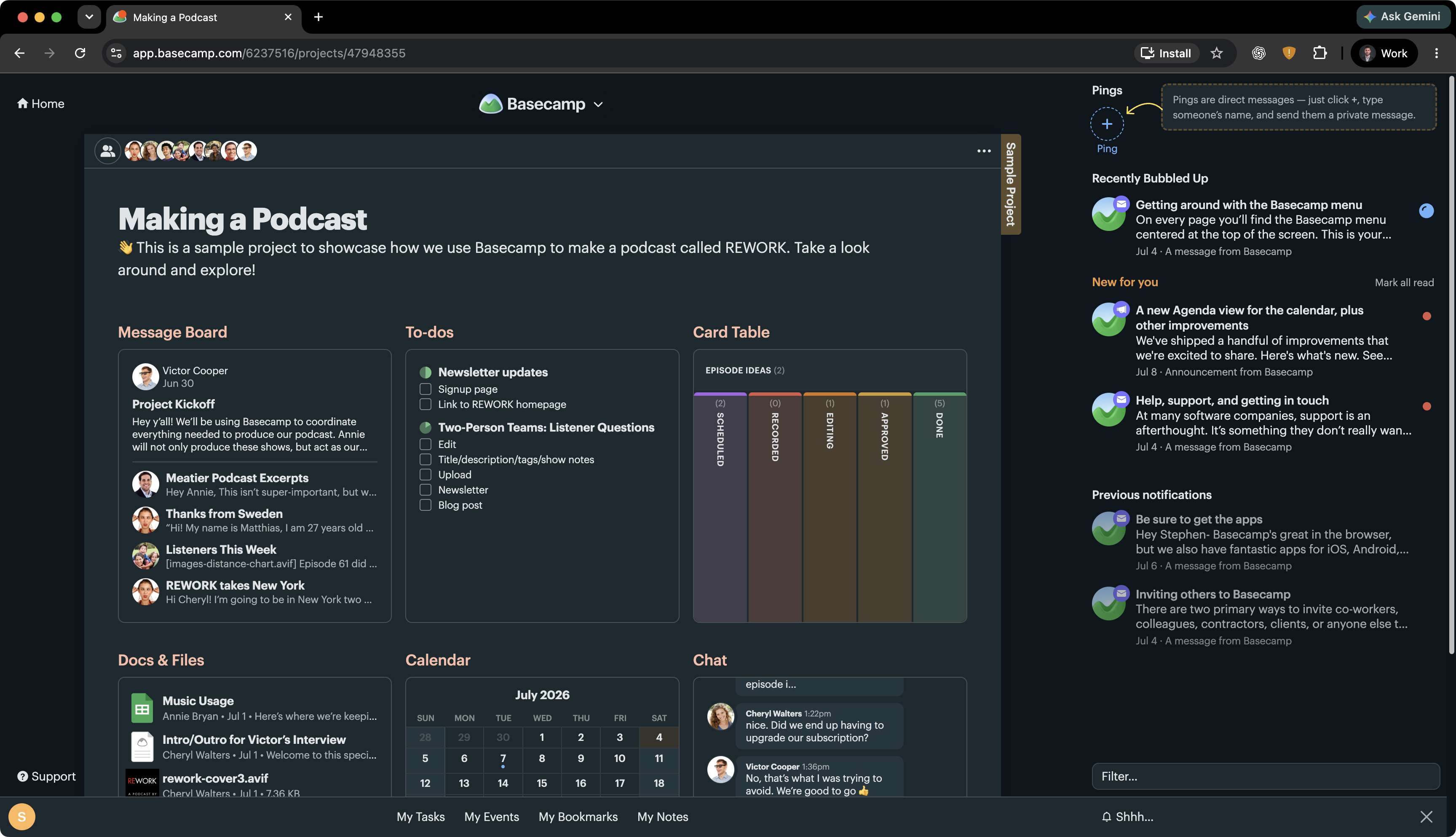 The real Basecamp frontend showing its sample podcast project