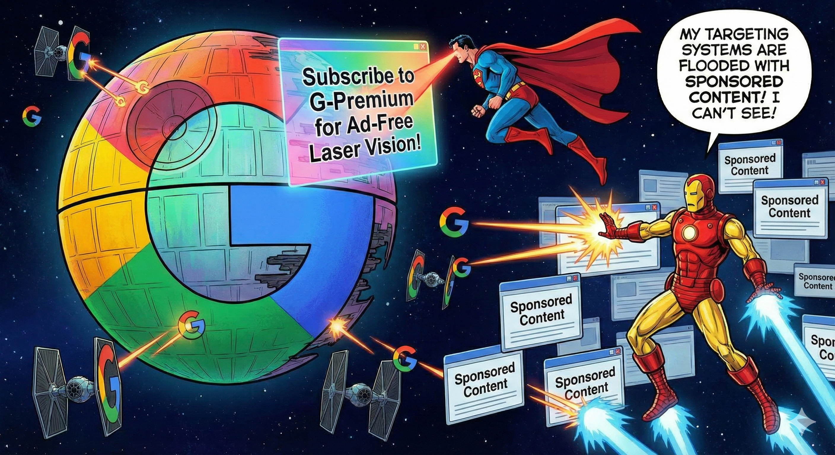 Panel 2: Ad-Blocked Attacks — Their initial attacks are thwarted by the Empire's new, insidious defense mechanisms.