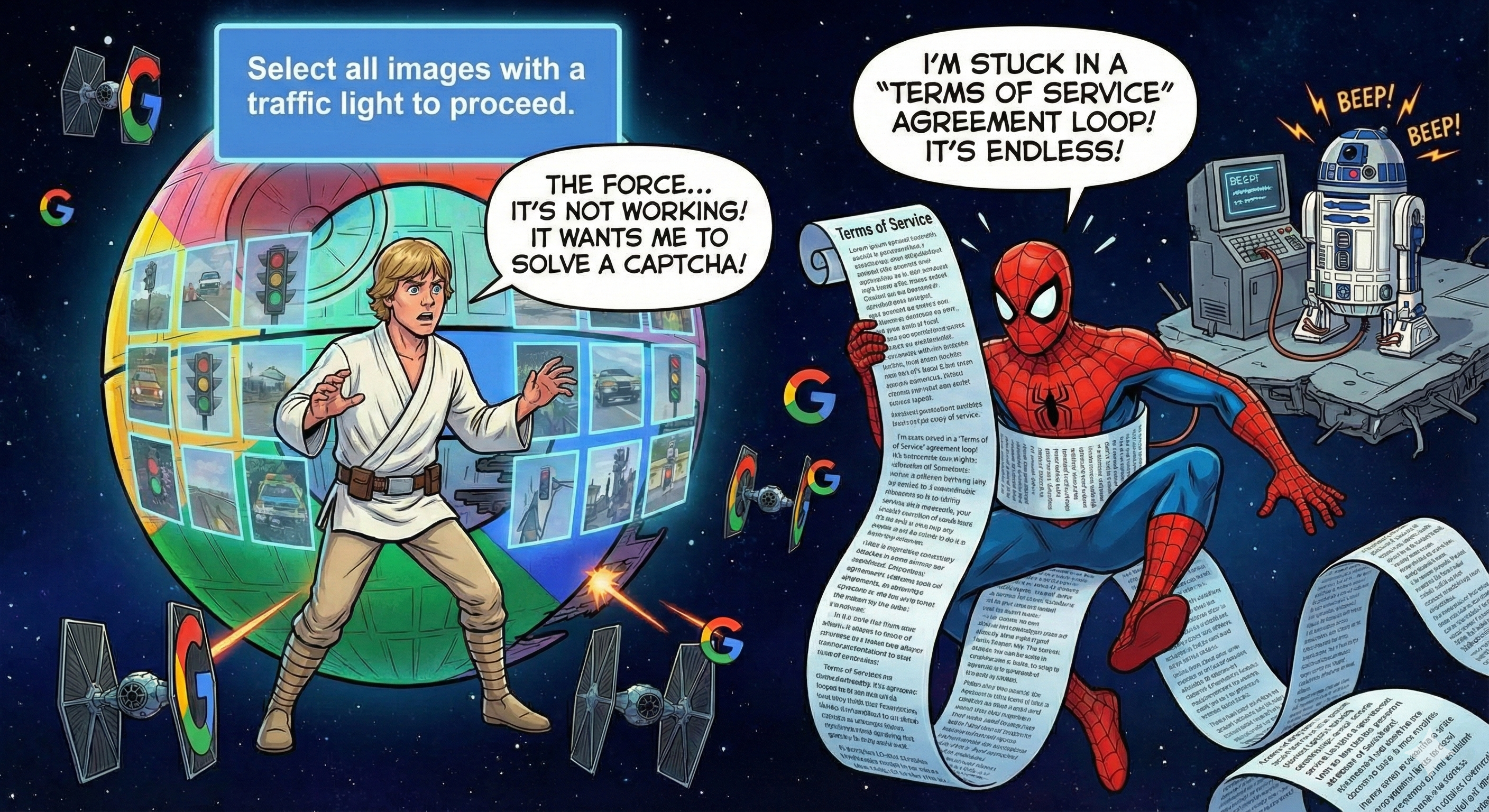 Panel 3: Tech Traps — The heroes find themselves caught in a digital labyrinth of bureaucracy.