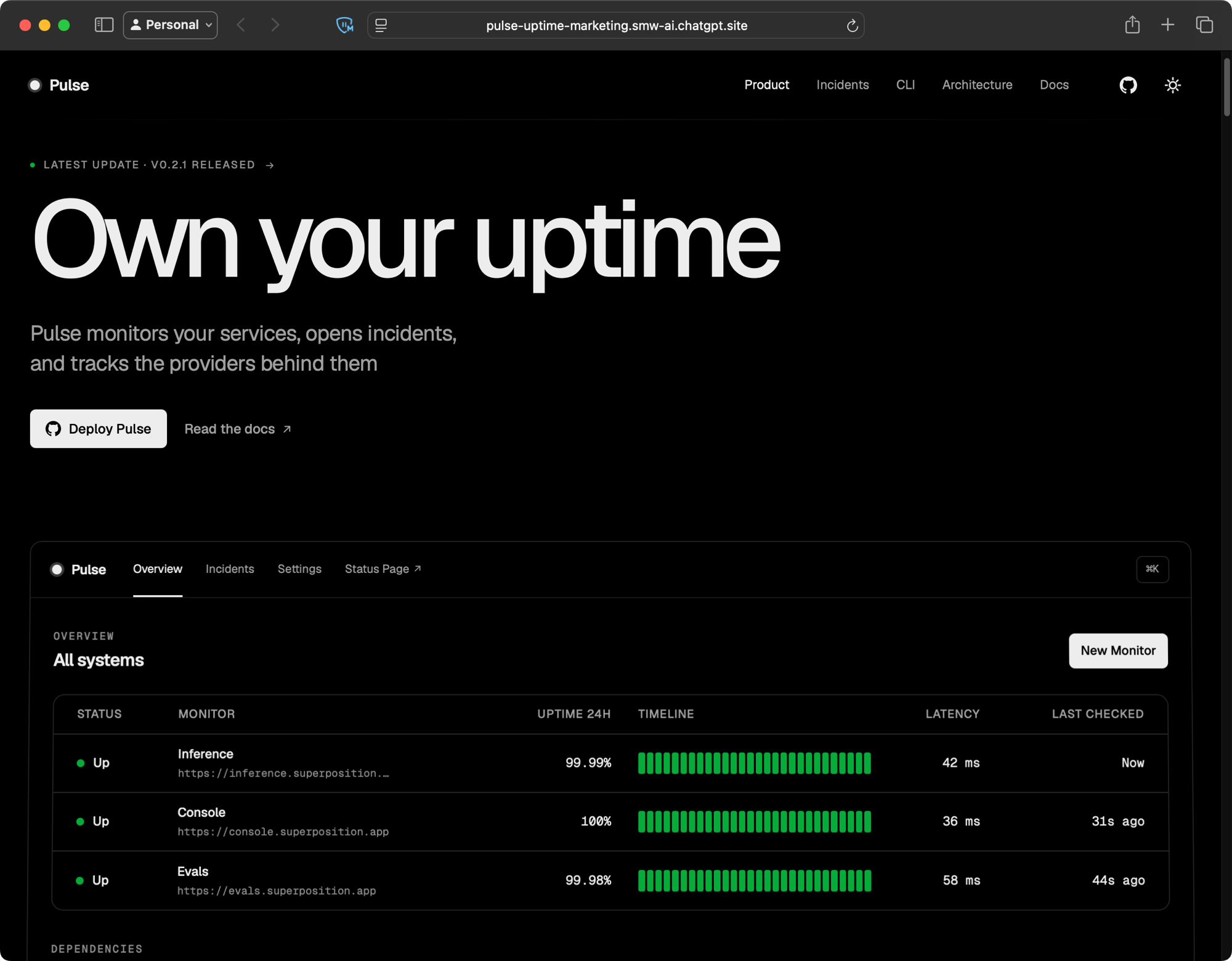 Pulse Uptime marketing hero, "Own your uptime", above a live dashboard demo