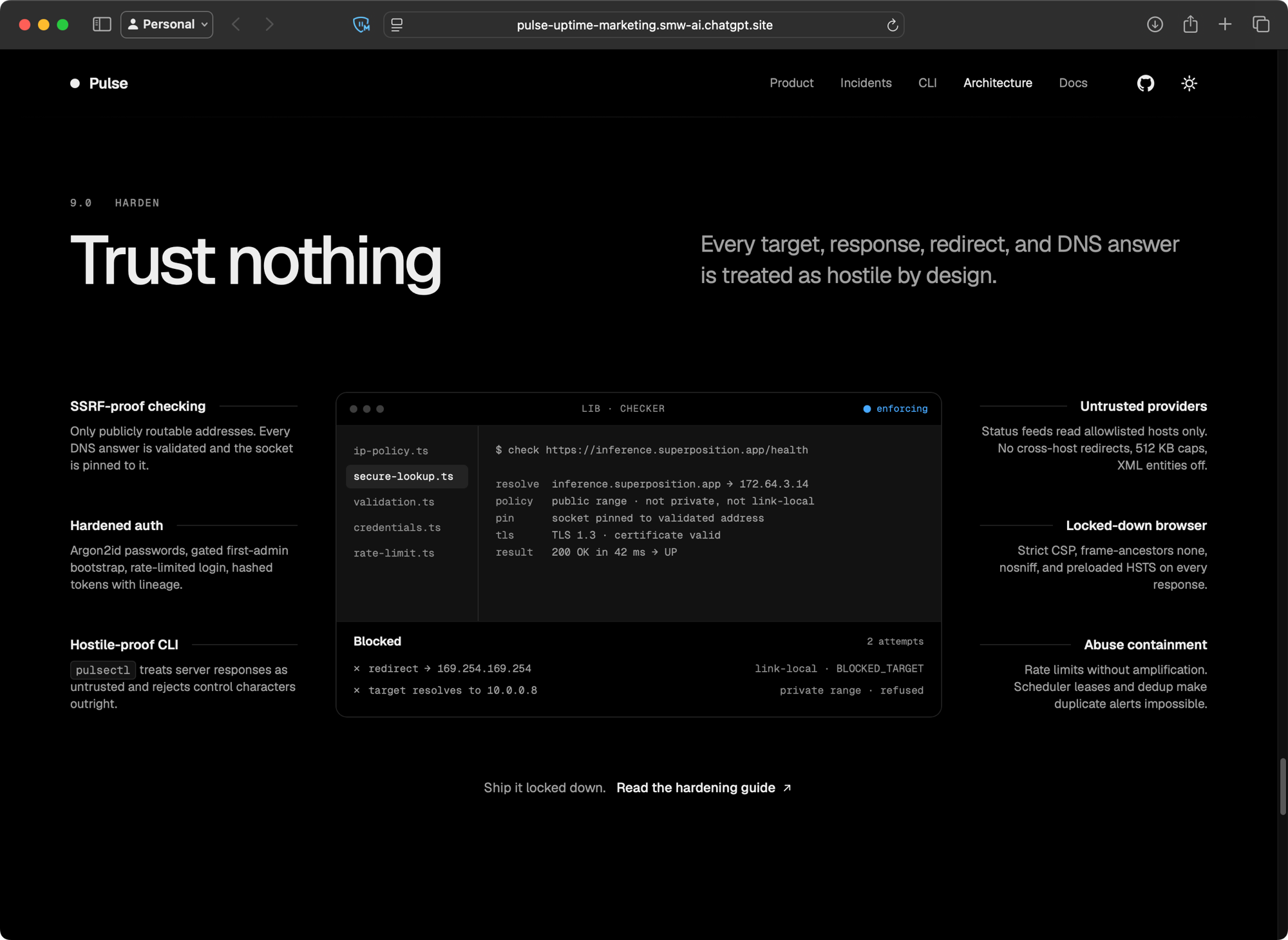 Pulse marketing site hardening section: "Trust nothing"