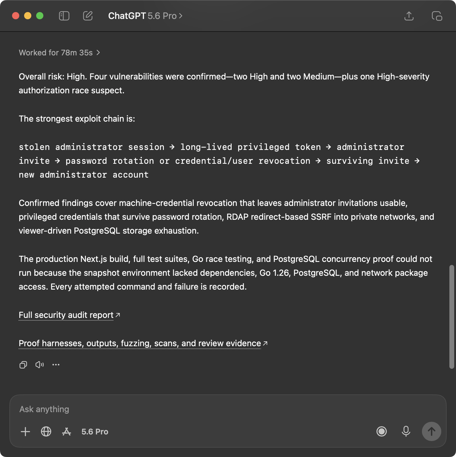 A GPT-5.6 Pro security audit reporting its confirmed vulnerabilities and strongest exploit chain