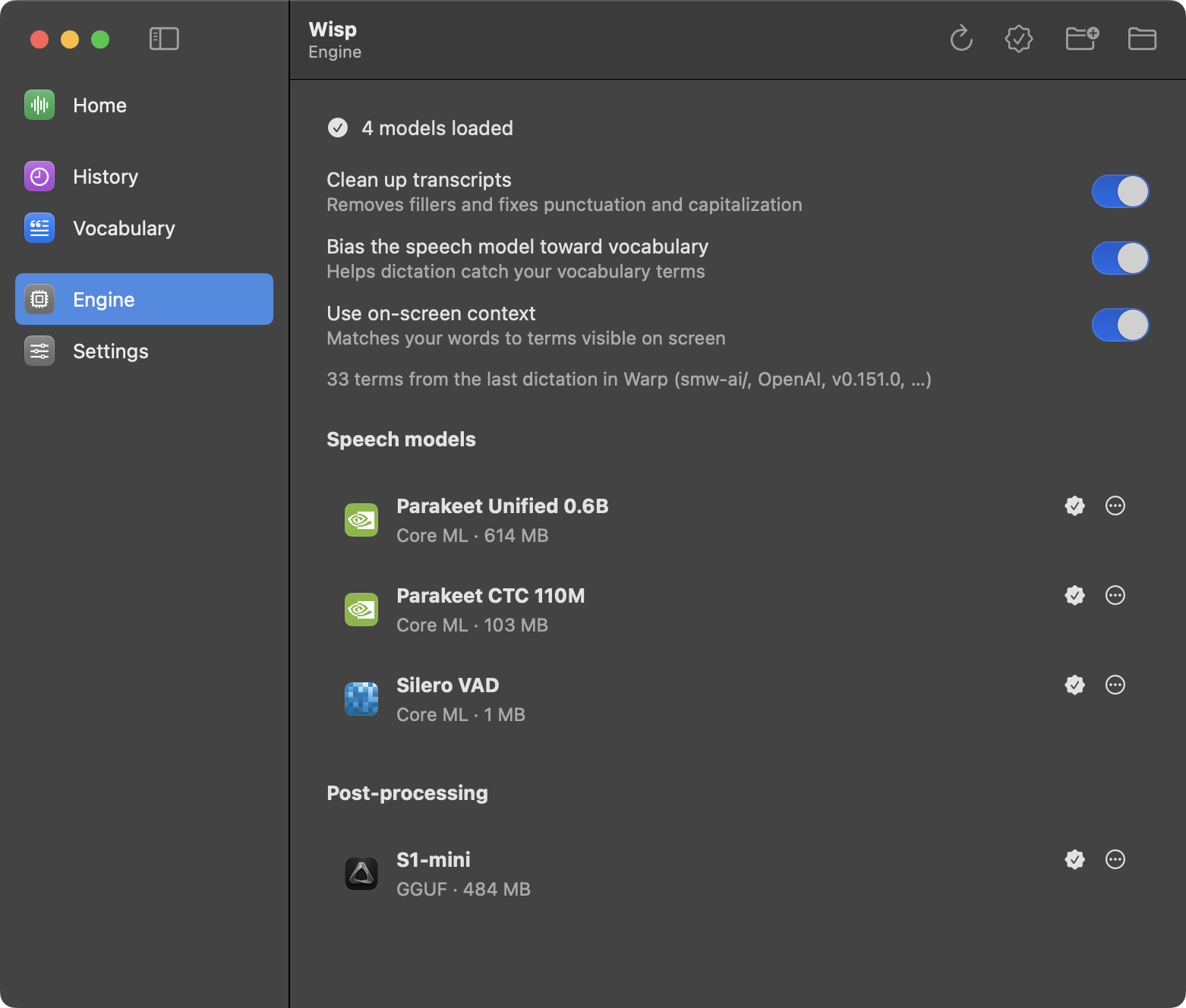 Wisp engine settings and speech models