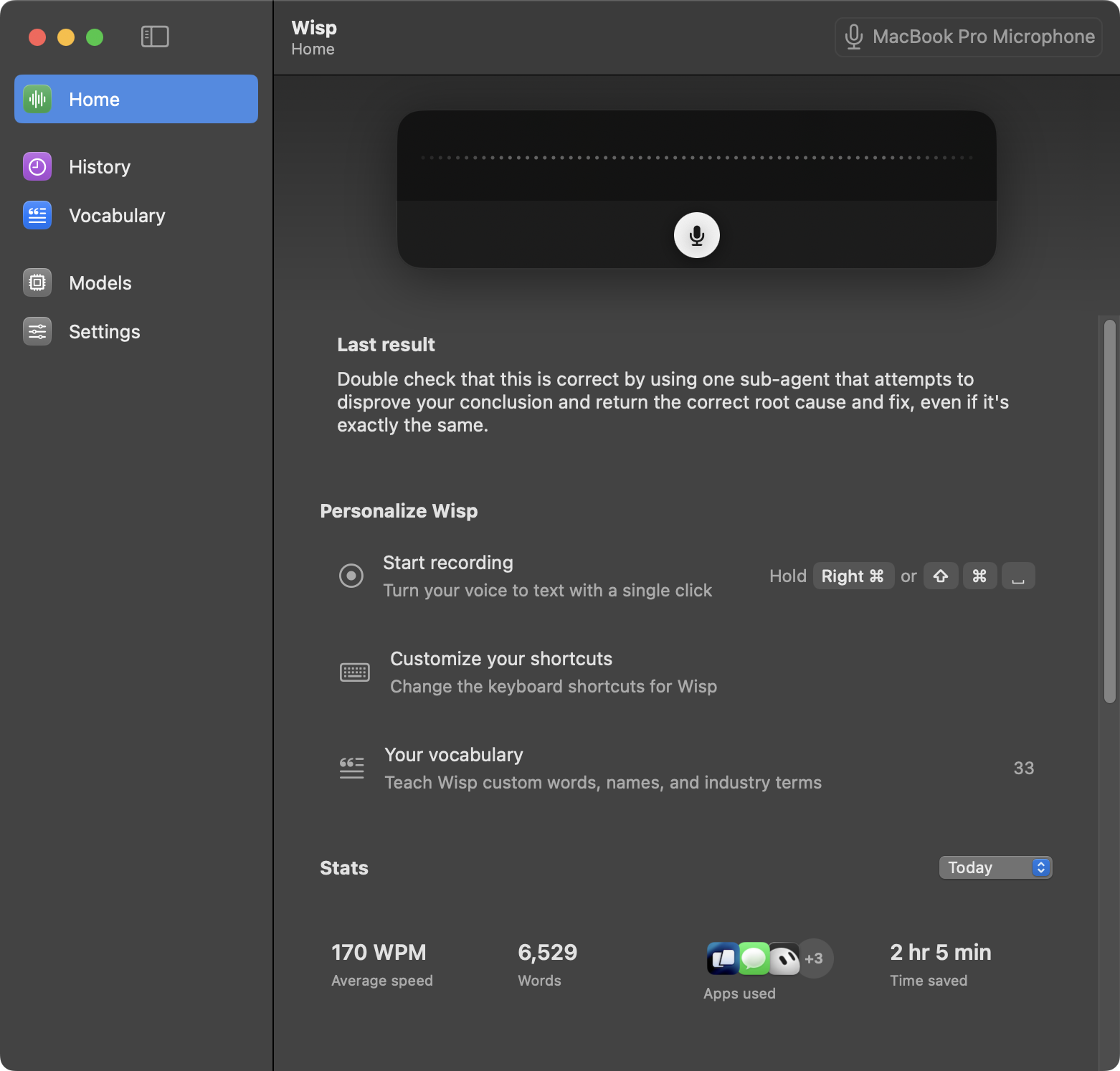 Wisp showing the latest transcription and time-saving statistics