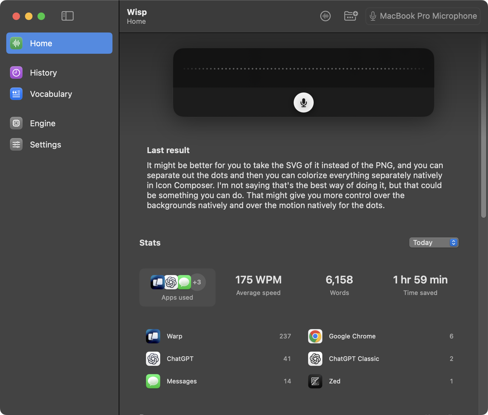 Wisp showing the latest transcription and time-saving statistics